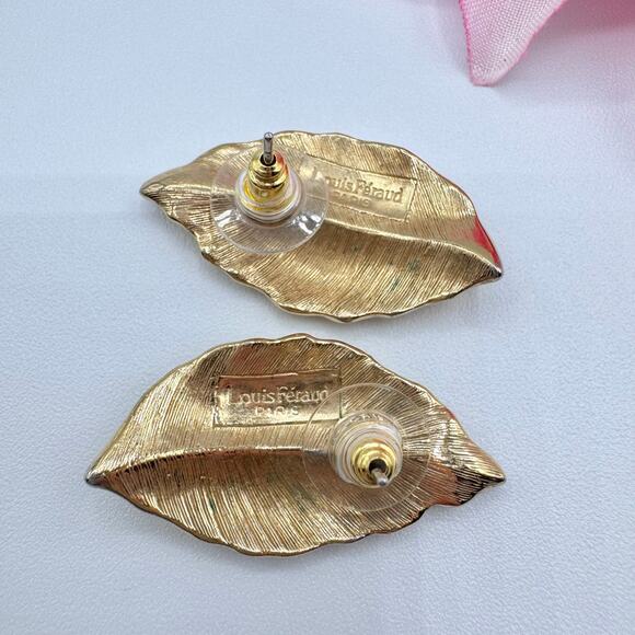 Vintage Louis Feraud Leaf Paris Earrings Gold Tone Chic Fall Autumn Luxe Signed - Picture 6 of 8